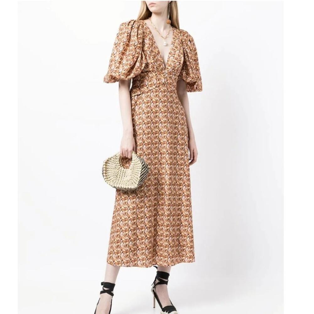 Acler Everett Midi Dress Printed Crepe Puff Sleeve Orange Leaf Boho US 6